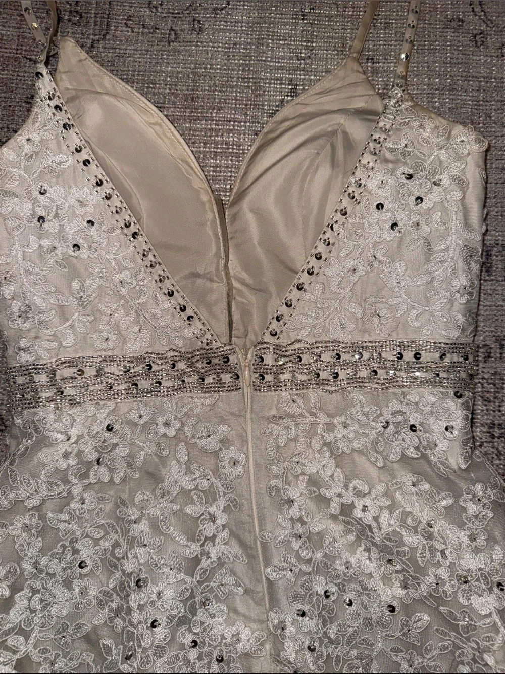 Custom Ivory Embellished Lace & Feather Mini Dress - Picture 7 of 11